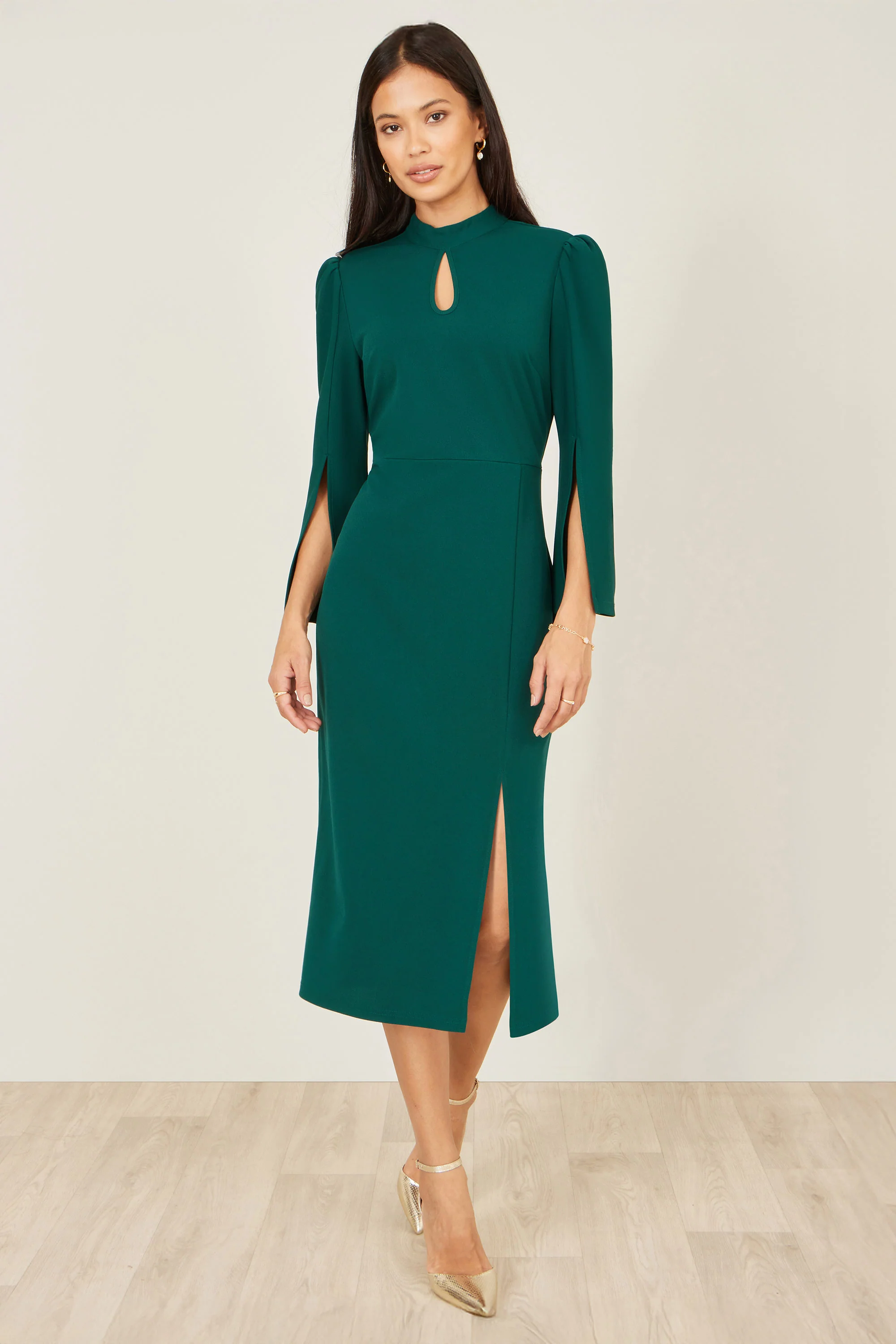 Yumi Green Fitted Midi Dress With Flute Sleeves - Image 5