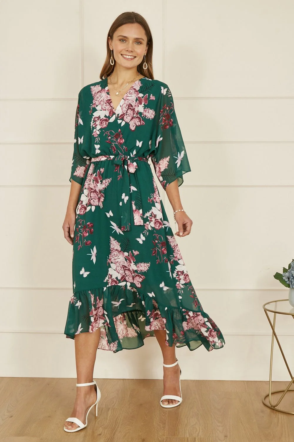 Yumi Green Floral Kimono Dipped Hem Dress - Image 10