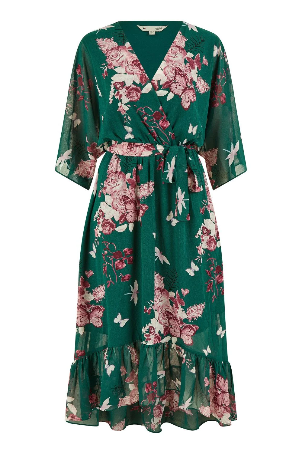 Yumi Green Floral Kimono Dipped Hem Dress - Image 11