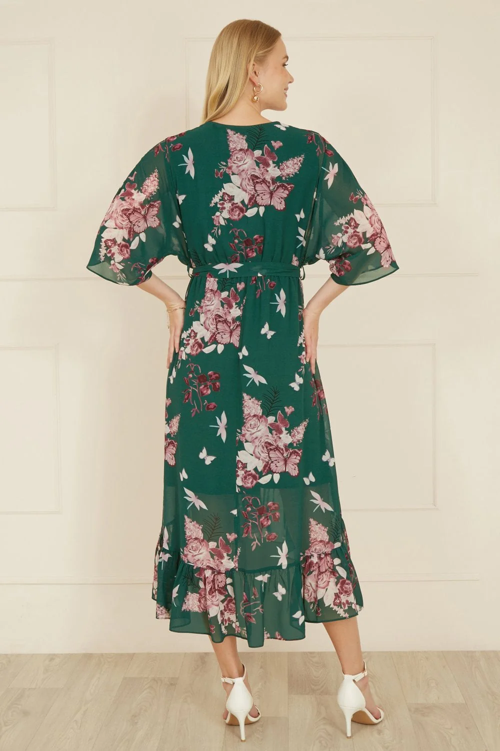 Yumi Green Floral Kimono Dipped Hem Dress - Image 4