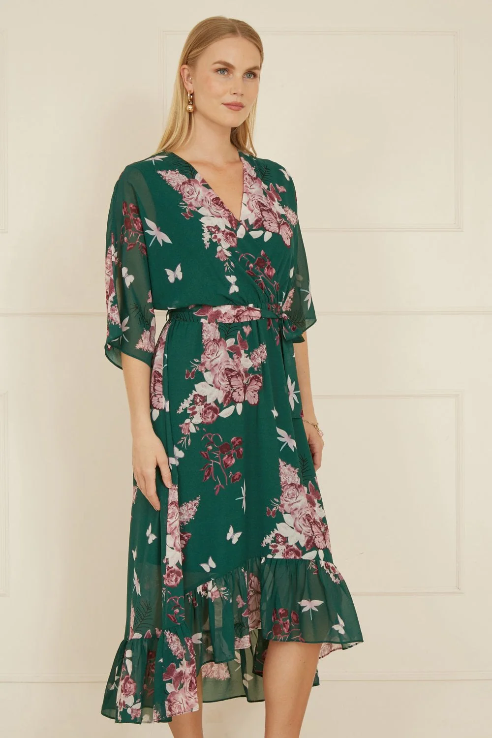 Yumi Green Floral Kimono Dipped Hem Dress - Image 5
