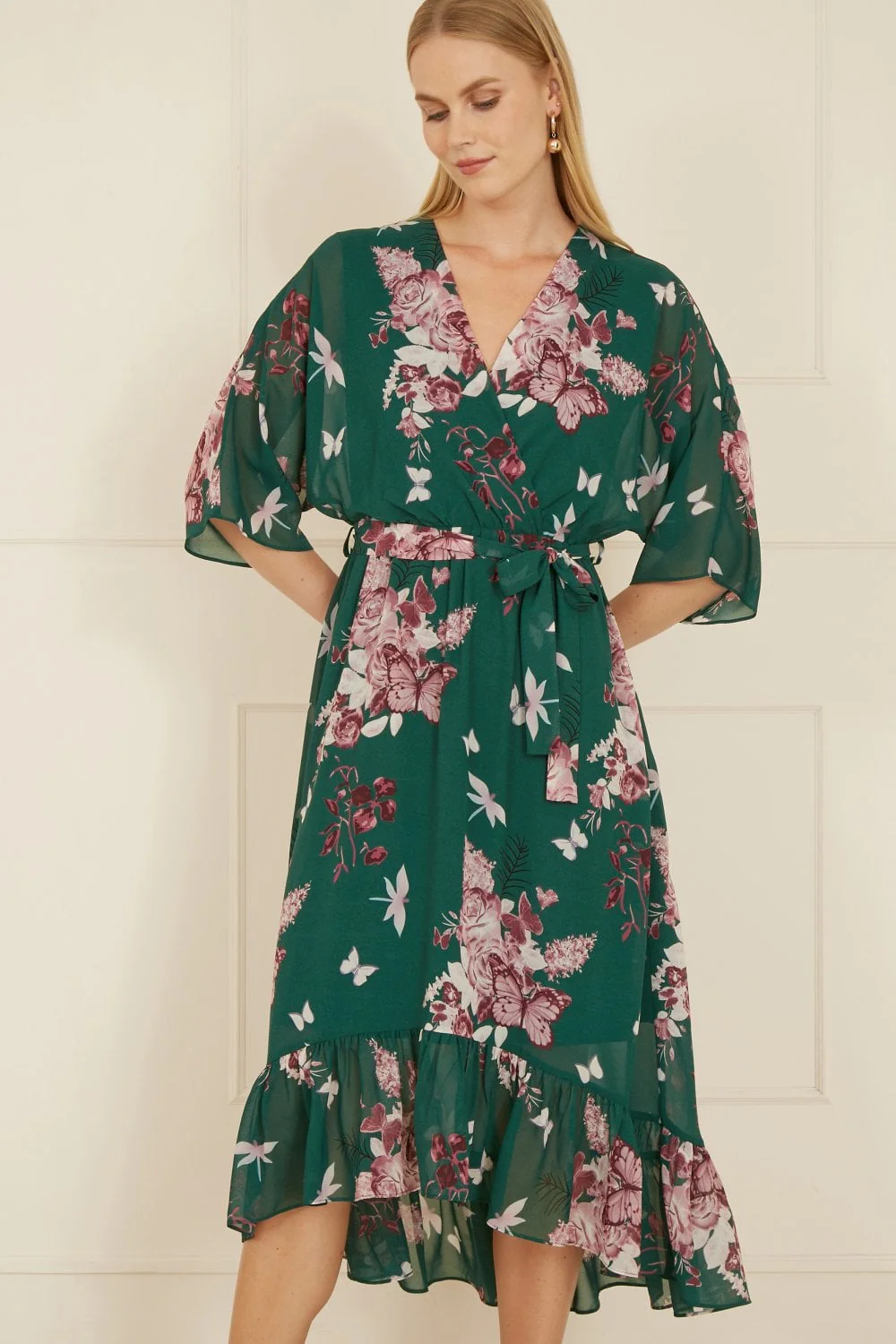 Yumi Green Floral Kimono Dipped Hem Dress - Image 6