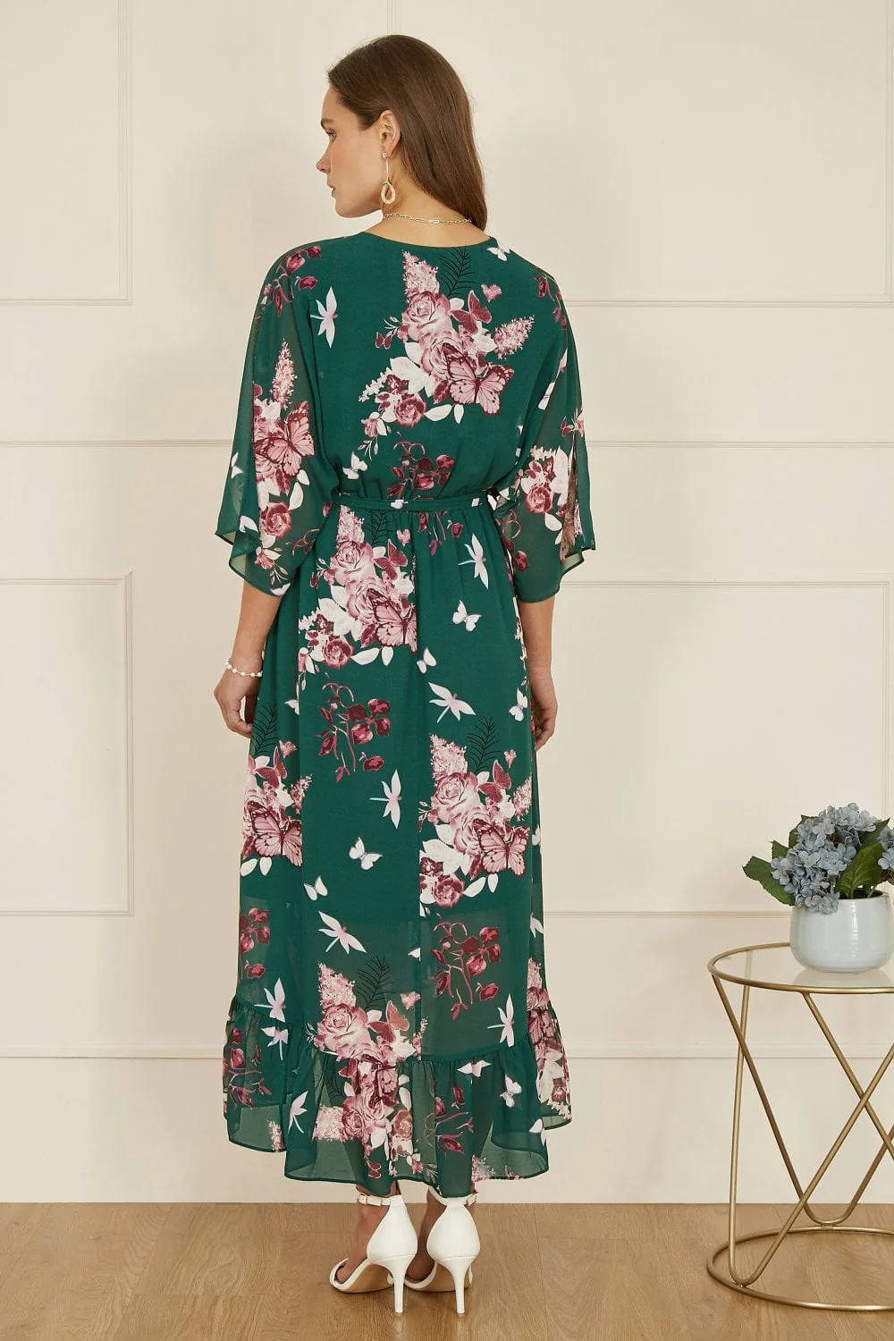 Yumi Green Floral Kimono Dipped Hem Dress - Image 7