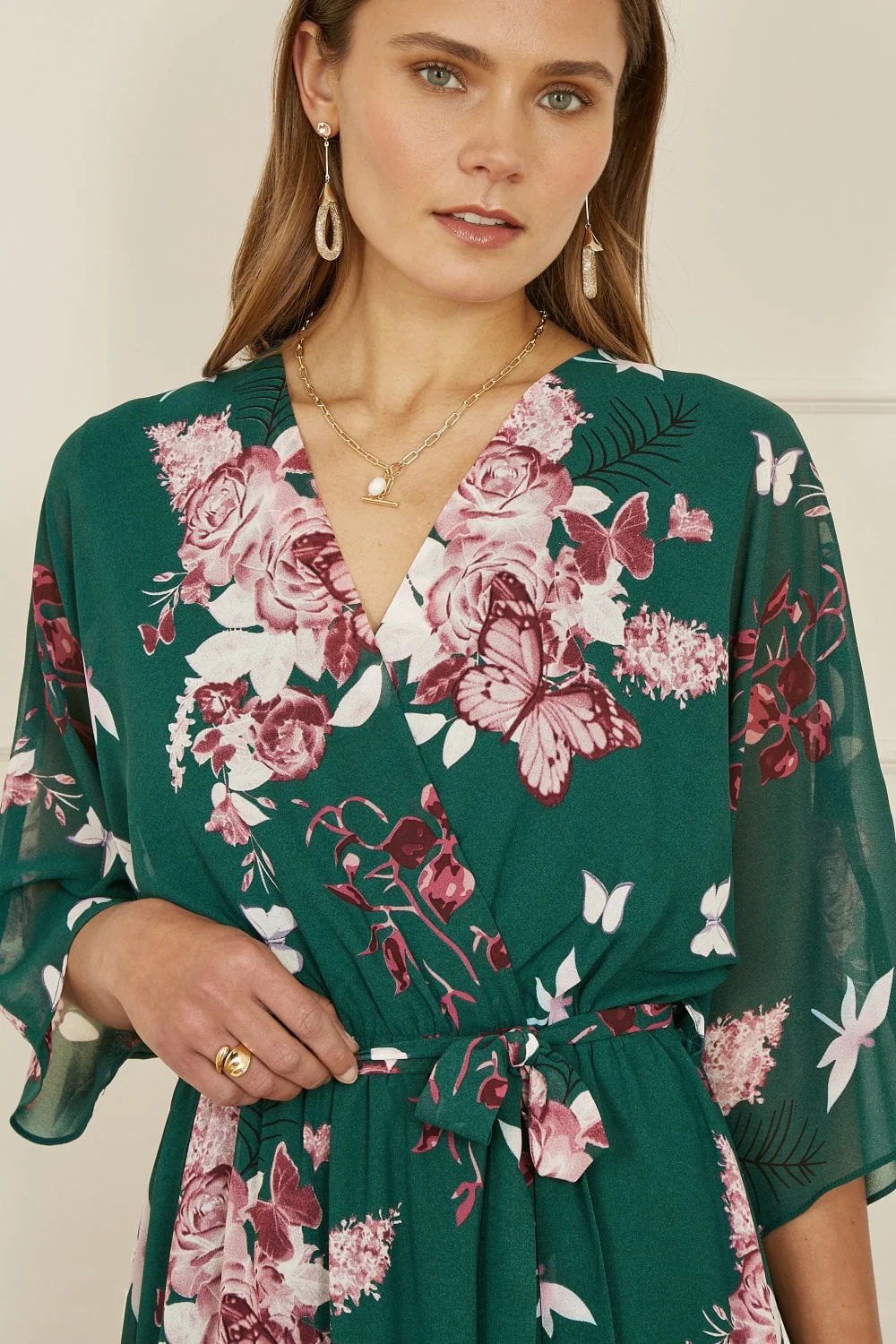 Yumi Green Floral Kimono Dipped Hem Dress - Image 8