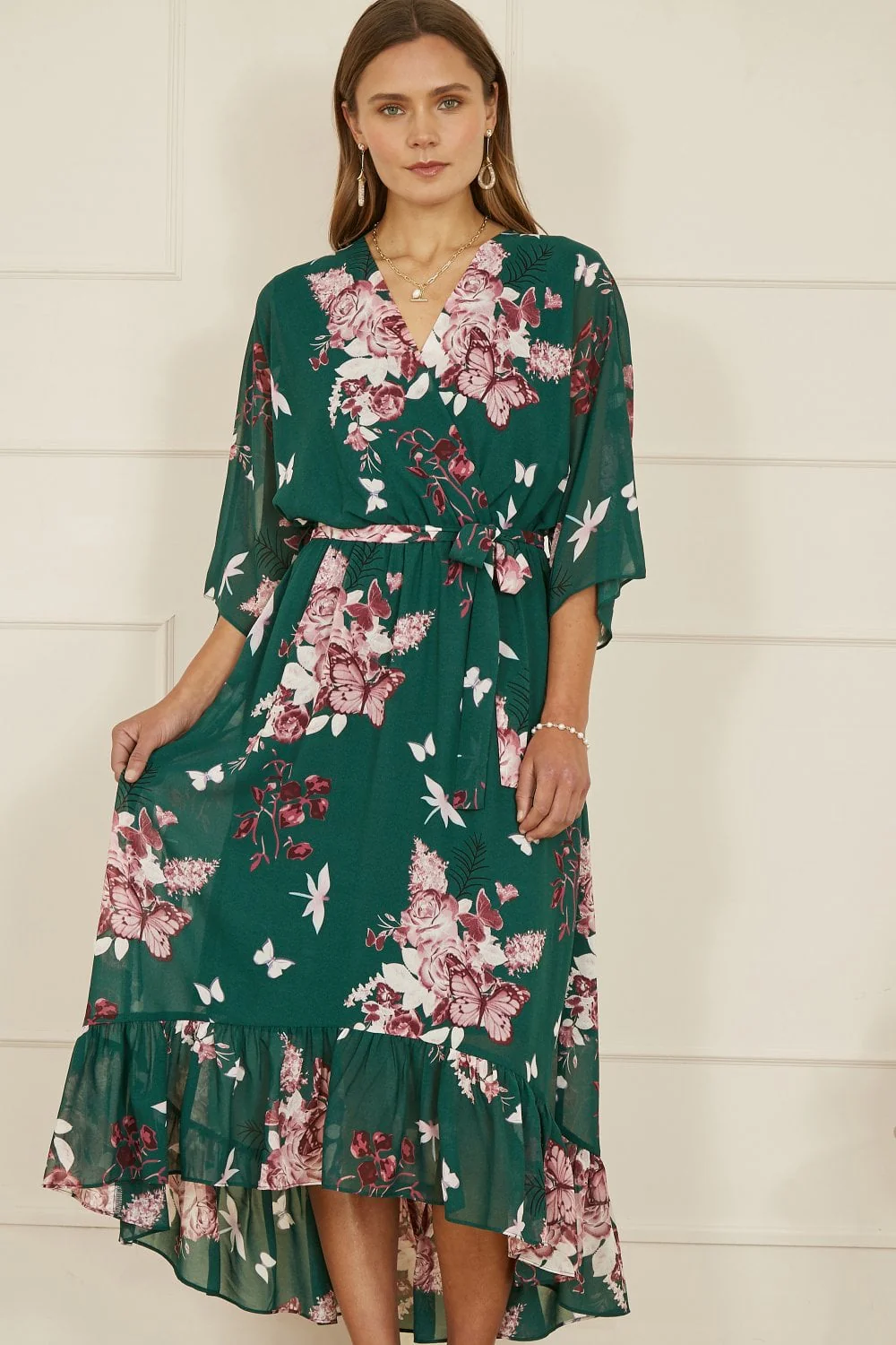 Yumi Green Floral Kimono Dipped Hem Dress - Image 9