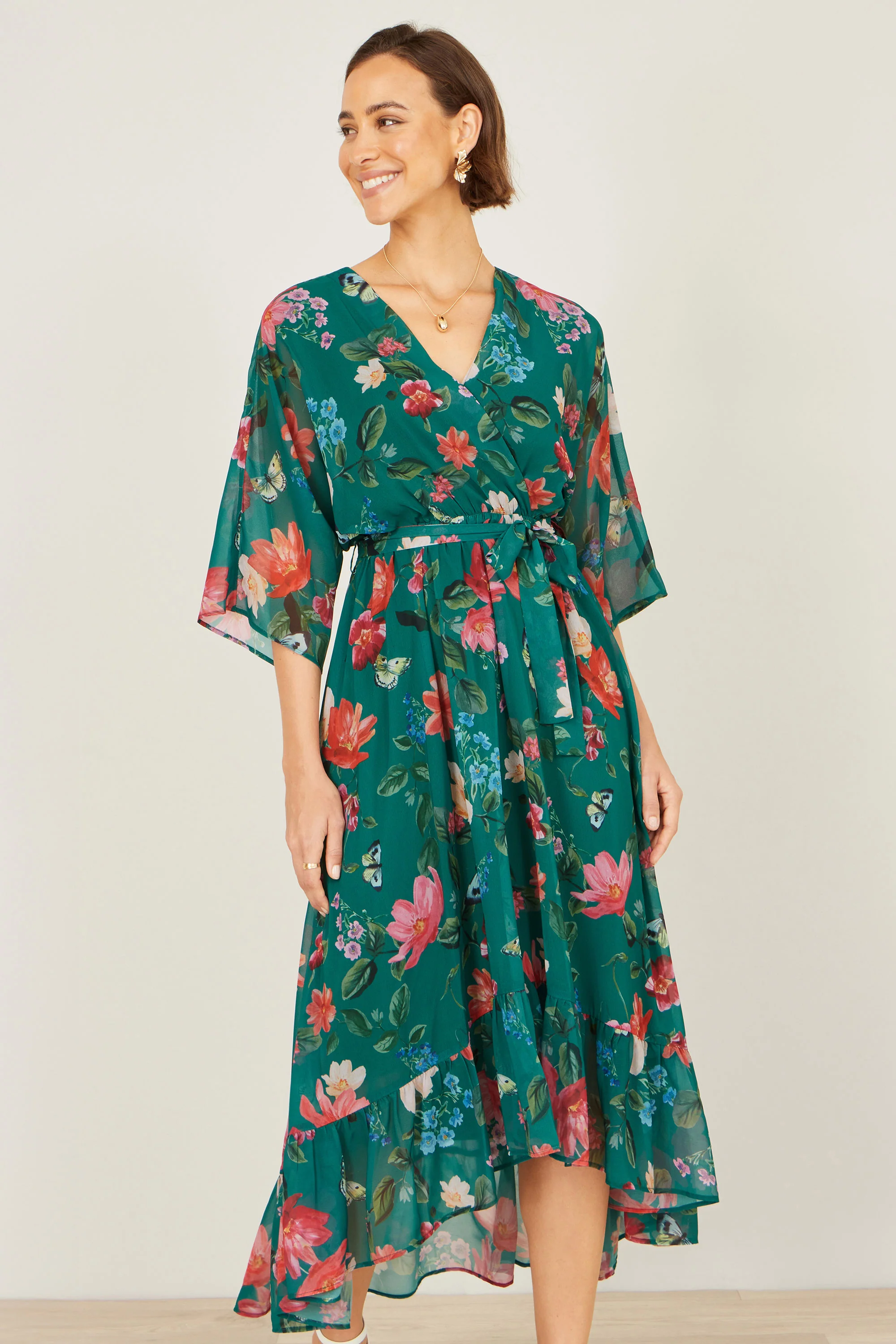 Yumi Green Floral Kimono Wrap Dress With Dip Hem - Image 3