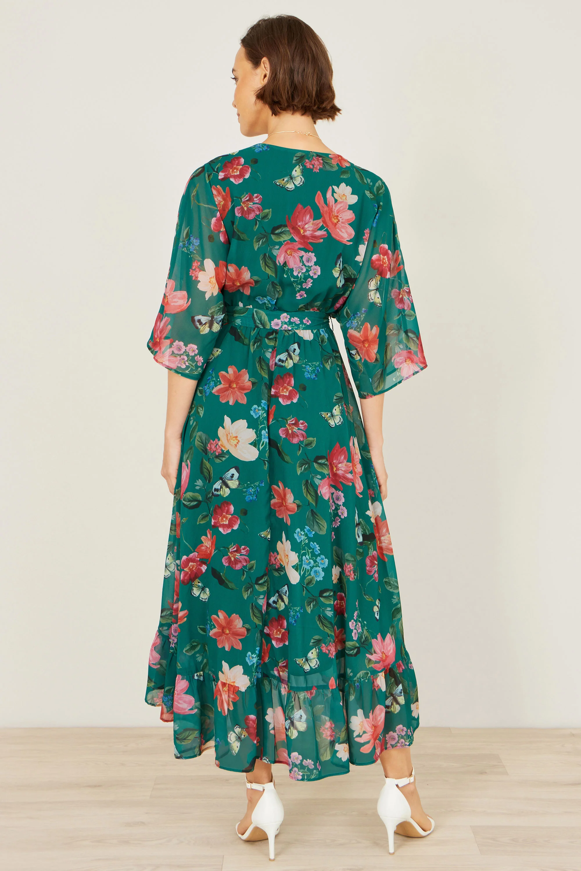 Yumi Green Floral Kimono Wrap Dress With Dip Hem - Image 4