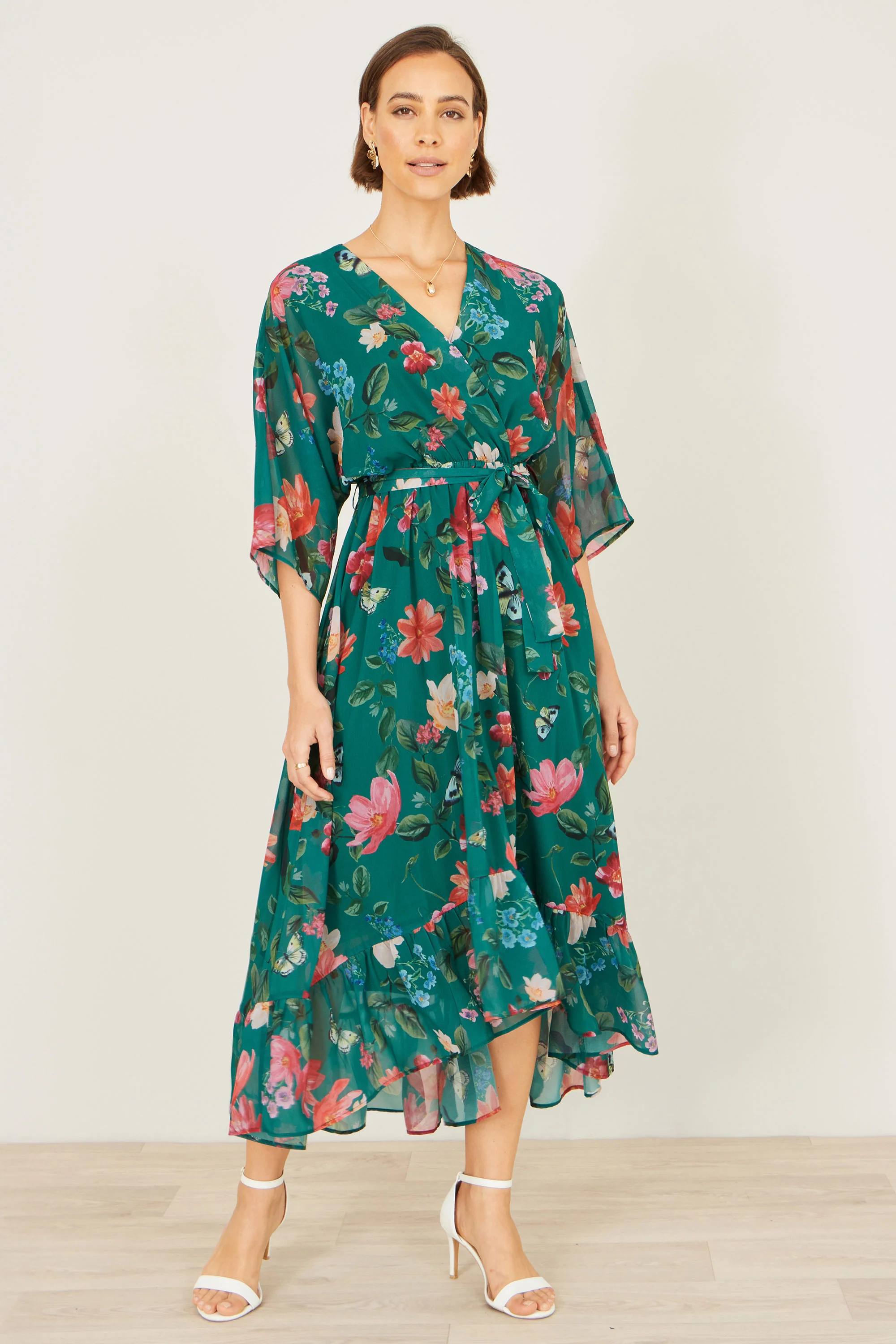 Yumi Green Floral Kimono Wrap Dress With Dip Hem - Image 5