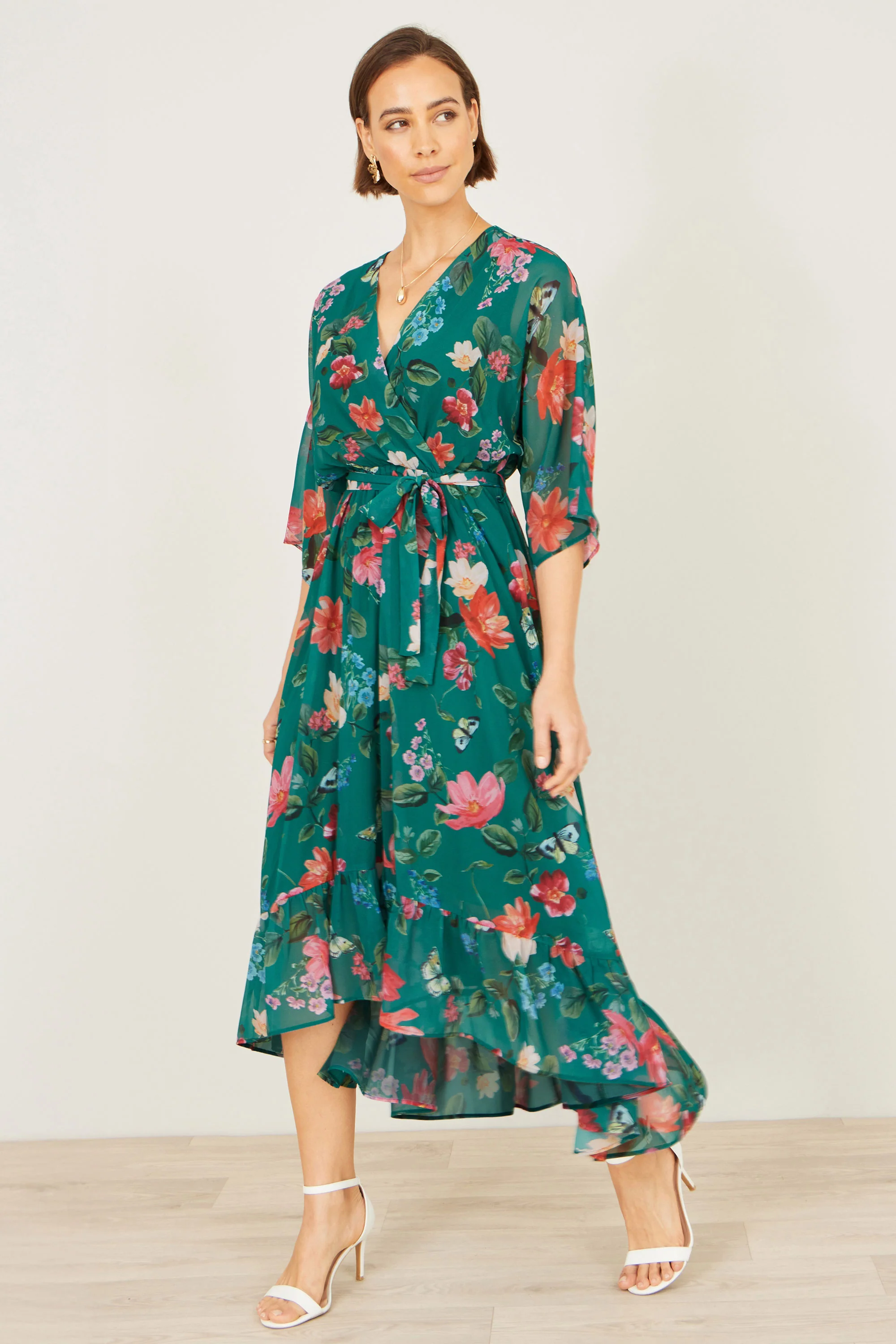 Yumi Green Floral Kimono Wrap Dress With Dip Hem - Image 6