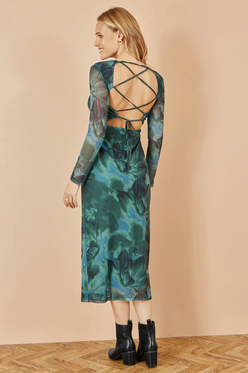 Yumi Green Floral Mesh Bodycon Dress With Tie Back - Image 6