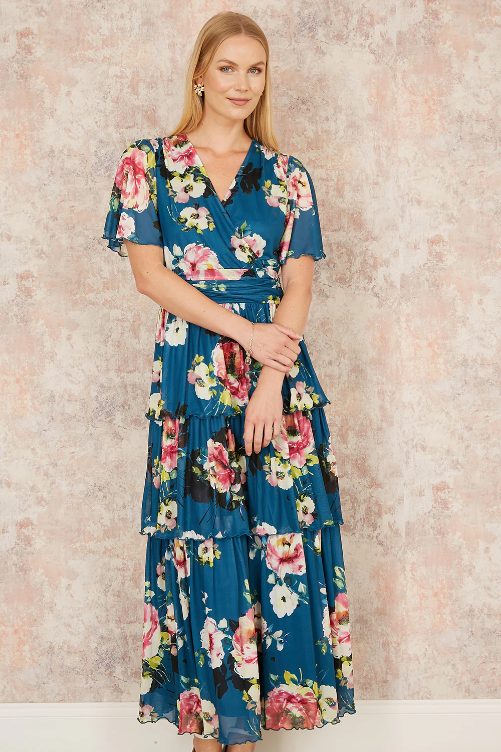 Yumi Green Floral Mesh Tiered Maxi Dress - Image 3