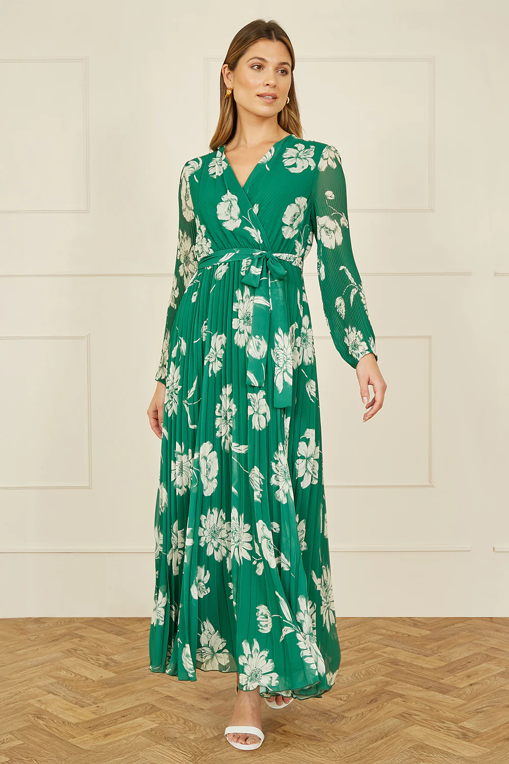 Yumi Green Floral Pleated Midi Wrap Long Sleeve Dress - Image 2