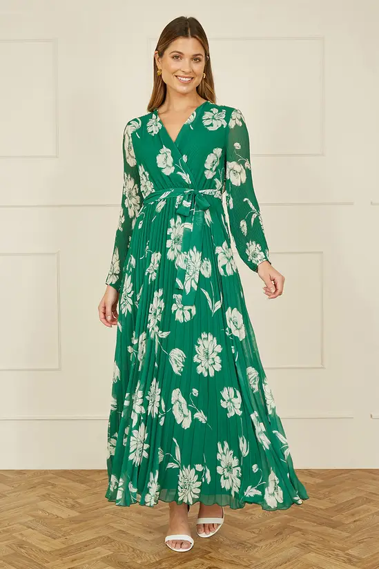 Yumi Green Floral Pleated Midi Wrap Long Sleeve Dress - Image 4