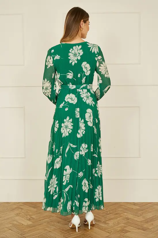 Yumi Green Floral Pleated Midi Wrap Long Sleeve Dress - Image 5