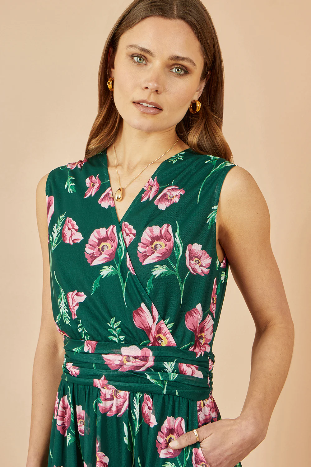 Yumi Green Floral Print Mesh Stretch Midi Dress With Pockets - Image 2