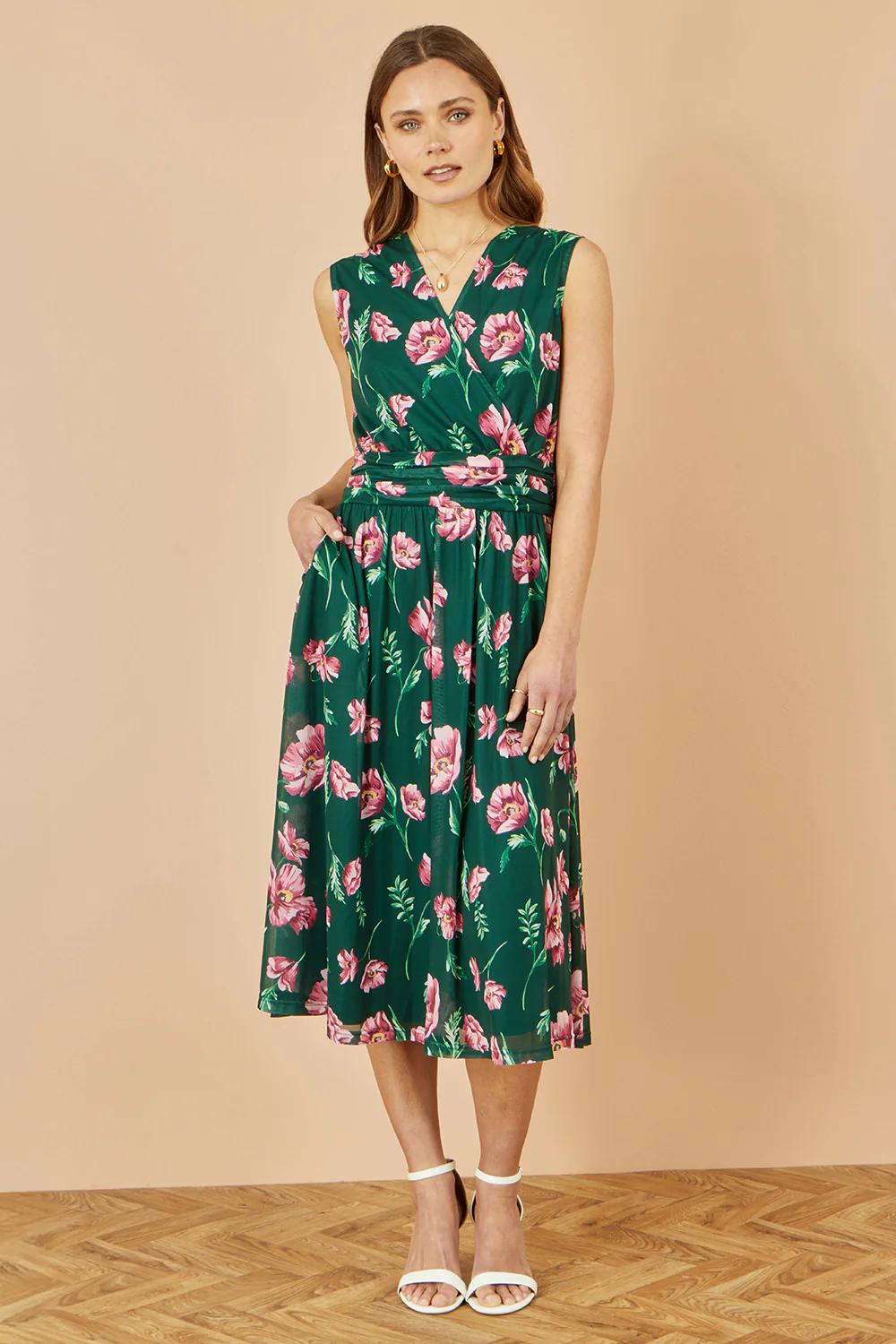 Yumi Green Floral Print Mesh Stretch Midi Dress With Pockets - Image 3