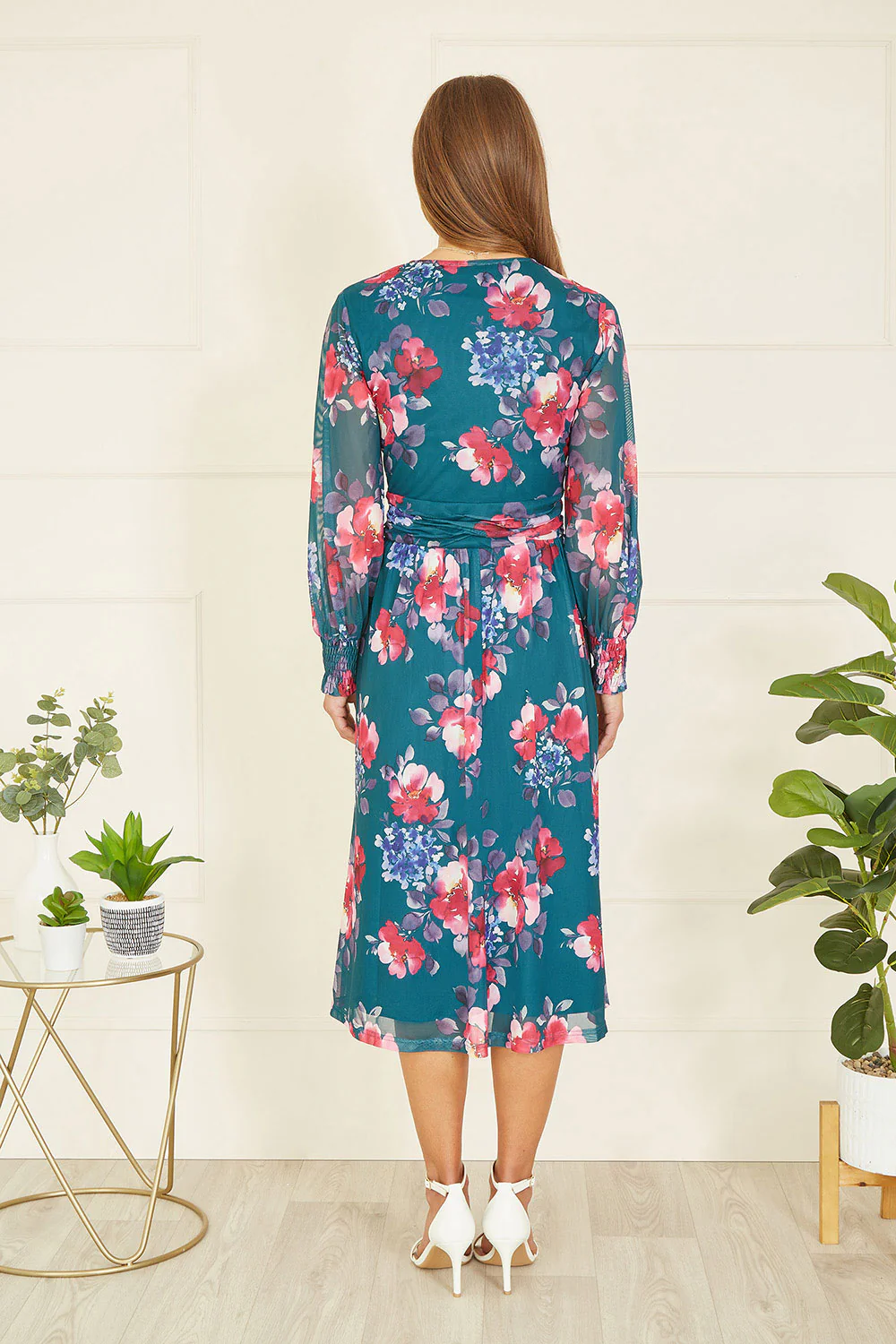 Yumi Green Floral Print Stretch Mesh Dress With Pockets - Image 3