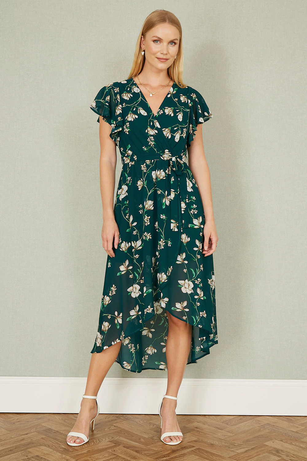 Yumi Green Floral Wrap Midi Dress With Frill Hem - Image 2
