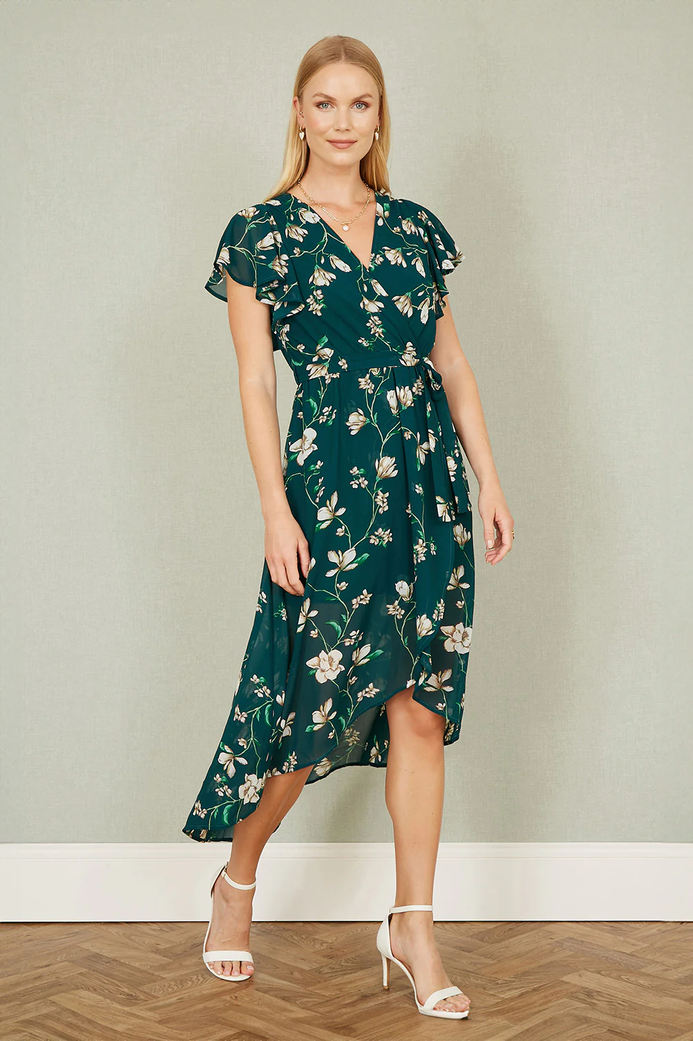 Yumi Green Floral Wrap Midi Dress With Frill Hem - Image 4