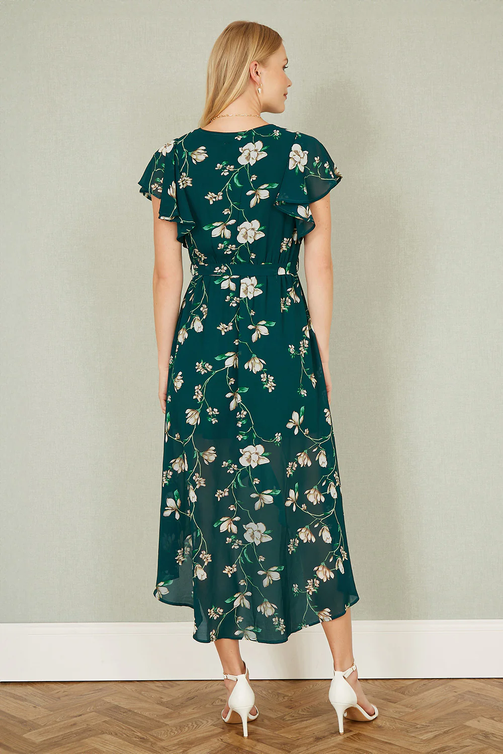Yumi Green Floral Wrap Midi Dress With Frill Hem - Image 5