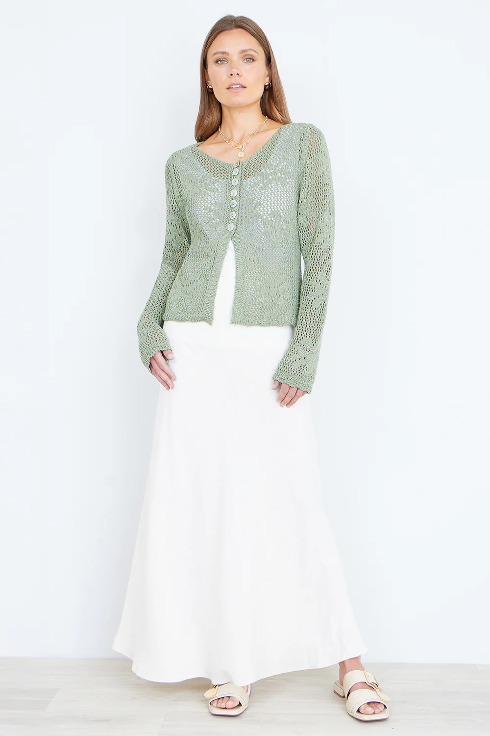 Yumi Green Flower Crochet Button Up Cardigan - Image 2