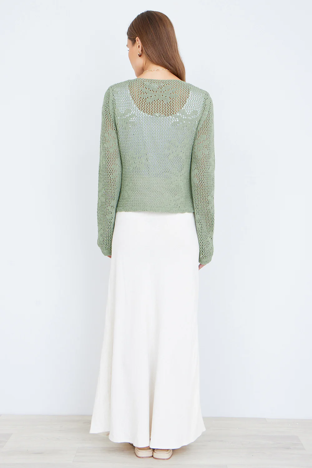 Yumi Green Flower Crochet Button Up Cardigan - Image 3