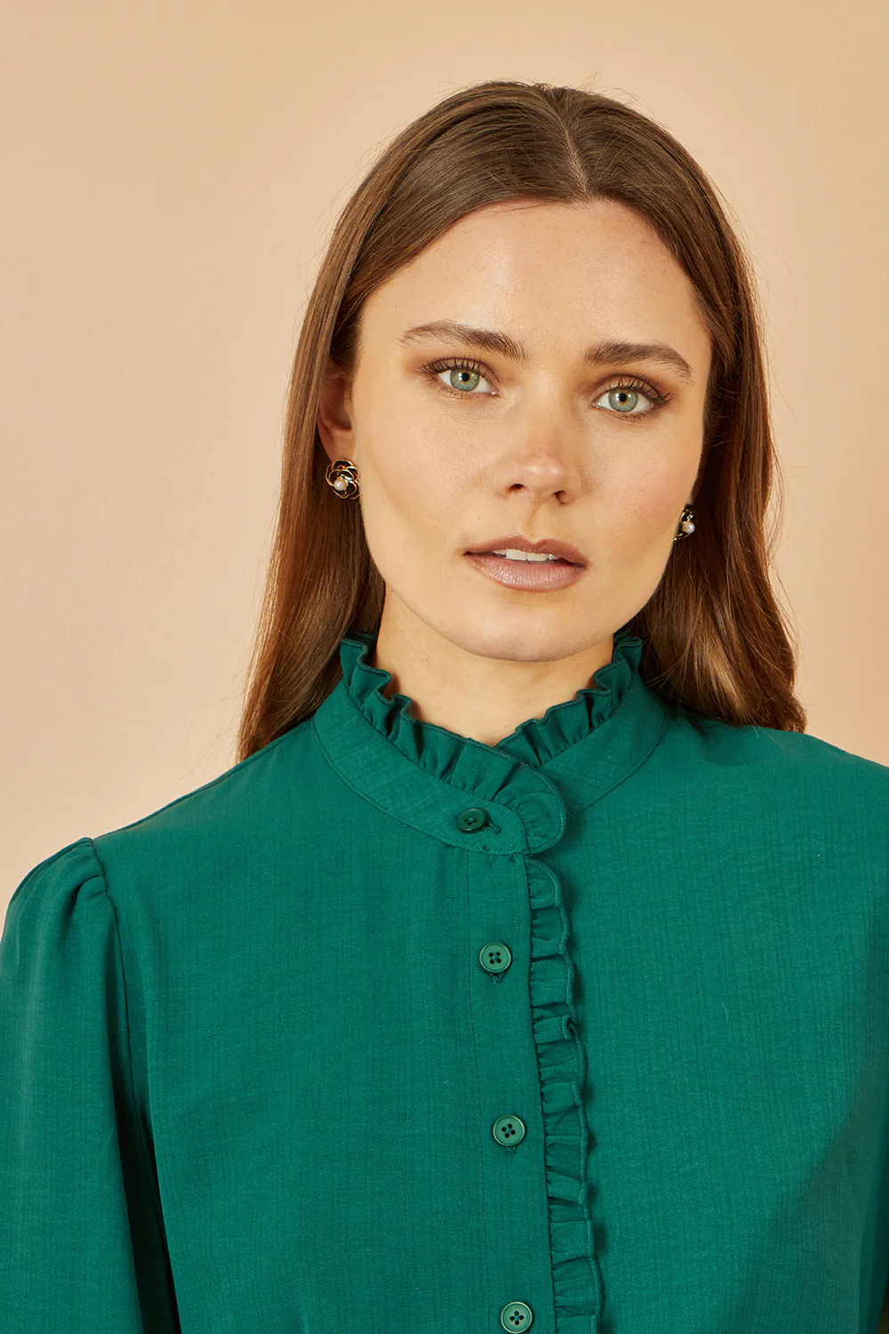 Yumi Green Frill High Neck Shirt - Image 3