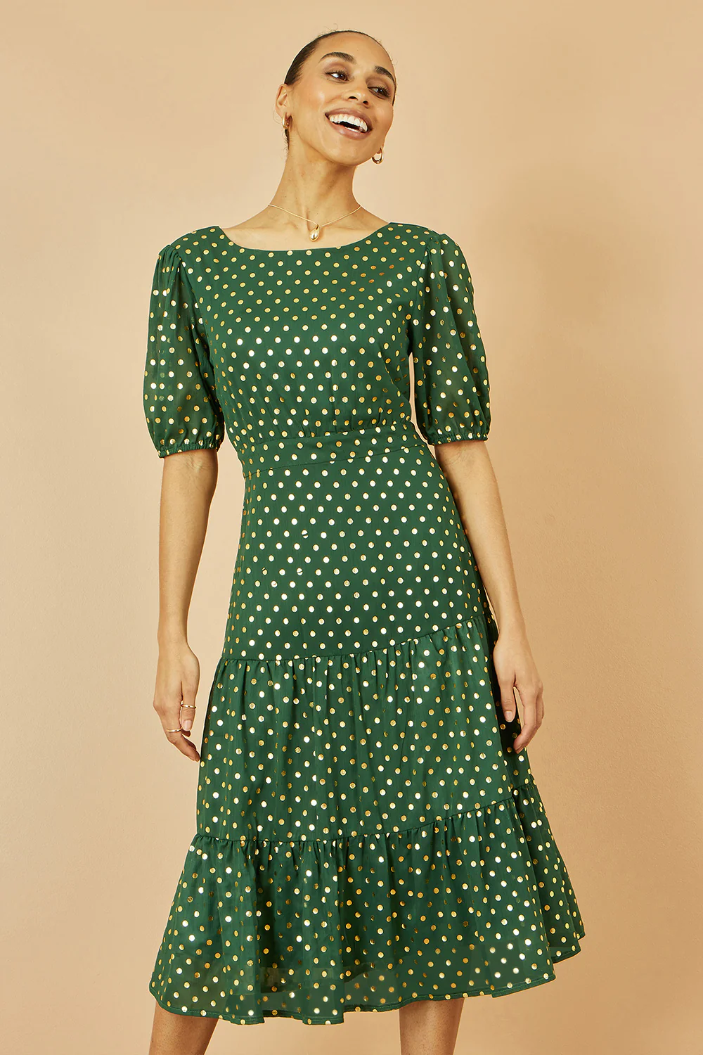 Yumi Green Gold Foil Spot Midi Dress With Scoop Back - Image 2