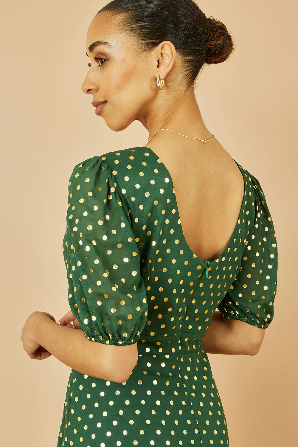 Yumi Green Gold Foil Spot Midi Dress With Scoop Back - Image 3