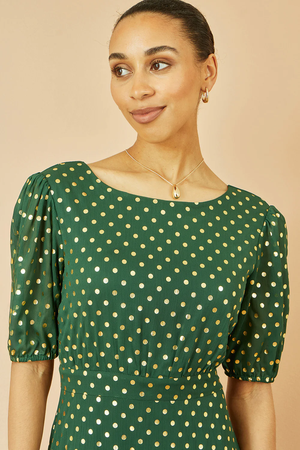 Yumi Green Gold Foil Spot Midi Dress With Scoop Back - Image 4