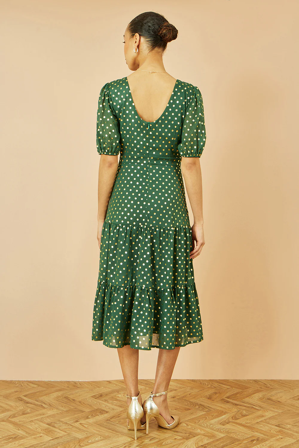 Yumi Green Gold Foil Spot Midi Dress With Scoop Back - Image 5