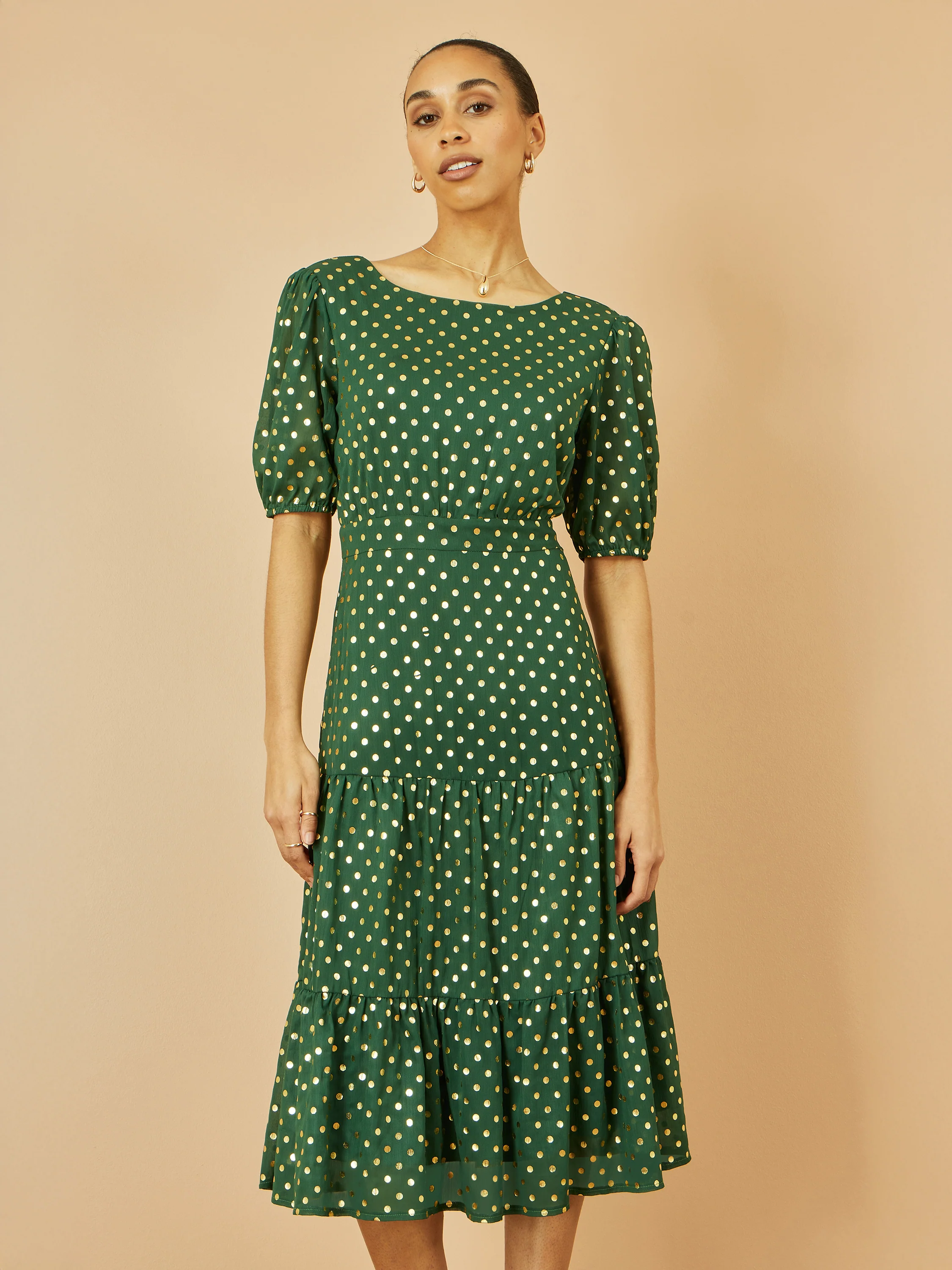 Yumi Green Gold Foil Spot Midi Dress With Scoop Back - Image 6