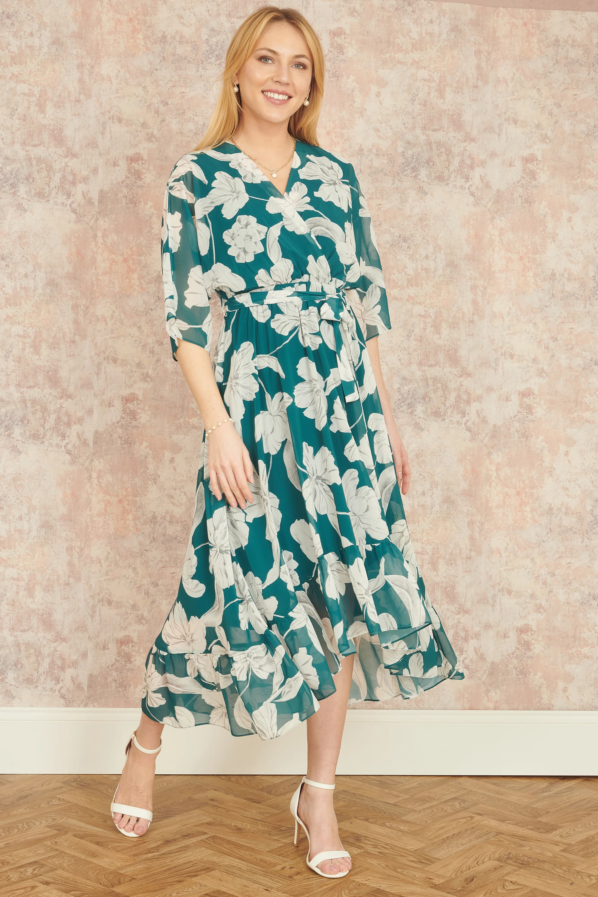 Yumi Green Kimono Sleeves Midi Dip Hem Wrap Midi Dress - Image 5