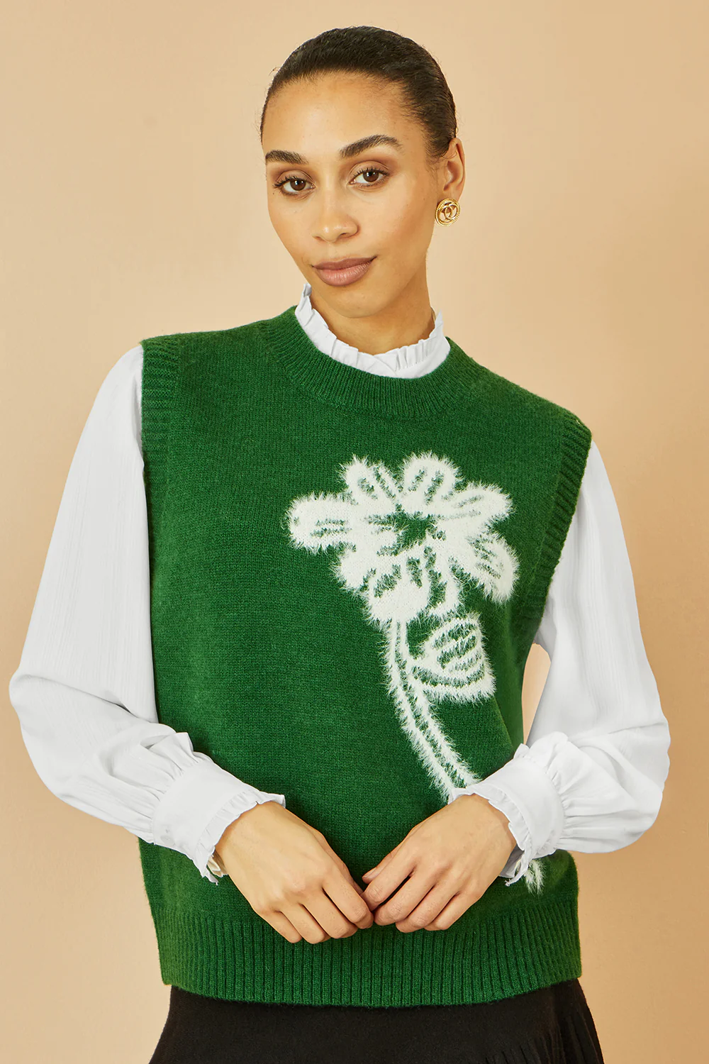 Yumi Green Knitted Flower Sleeveless Jumper Vest
