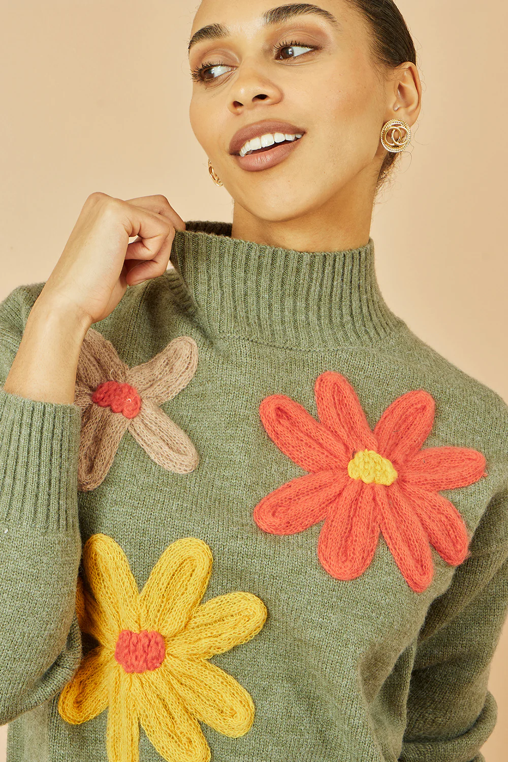 Yumi Green Knitted High Neck Jumper With Applique Flowers - Image 3