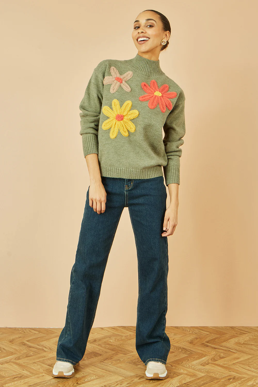 Yumi Green Knitted High Neck Jumper With Applique Flowers - Image 4