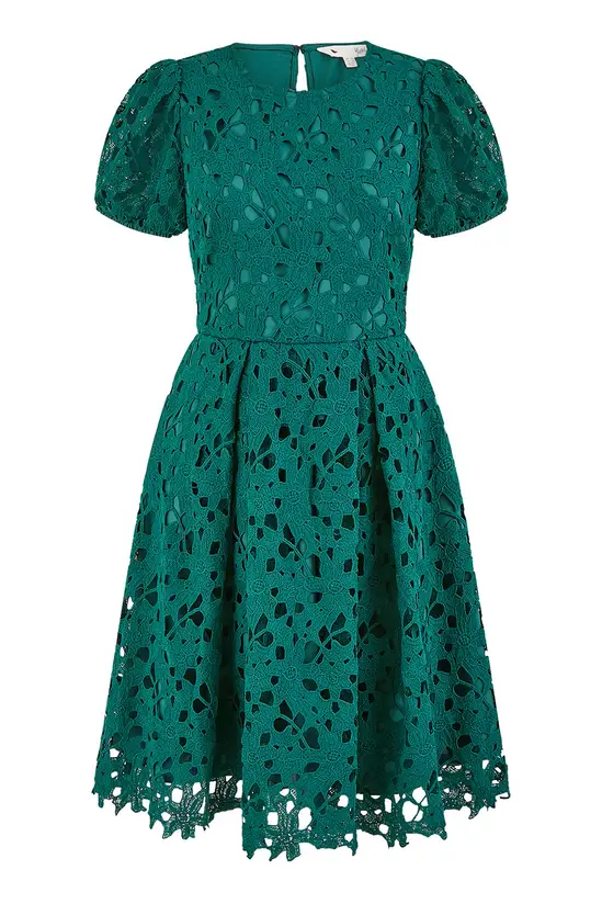 Yumi Green Lace Skater Dress With Puff Sleeves - Image 4