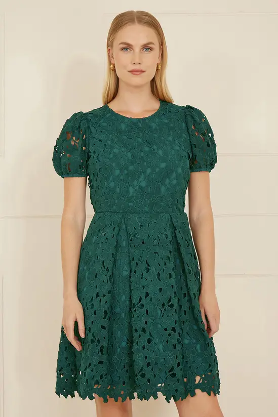 Yumi Green Lace Skater Dress With Puff Sleeves - Image 5