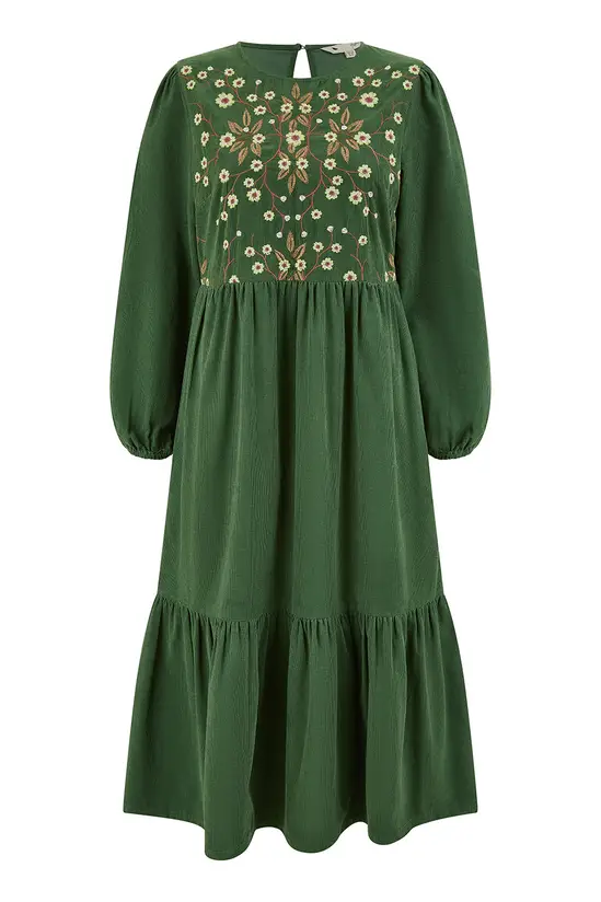 Yumi Green Long Sleeve Midi Dress With Floral Embroidery Bodice - Image 4