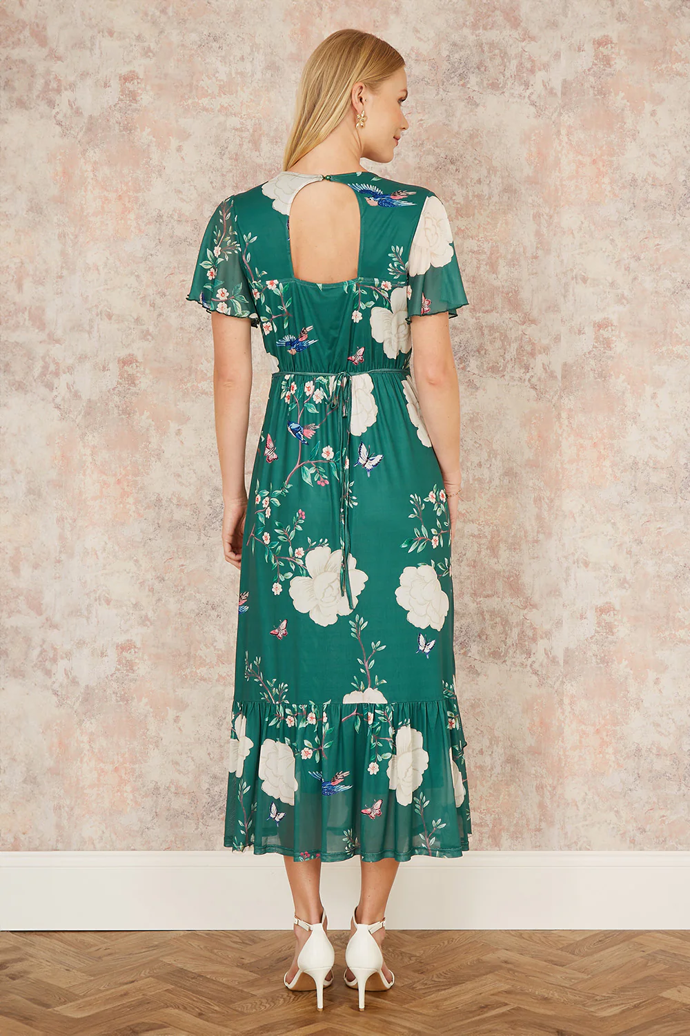 Yumi Green Mesh Bird And Floral Print Midi Dress With Ruffles - Image 3