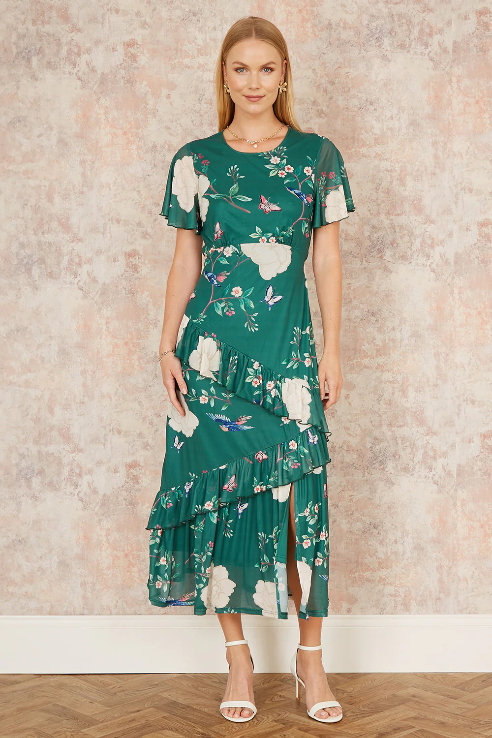 Yumi Green Mesh Bird And Floral Print Midi Dress With Ruffles - Image 4