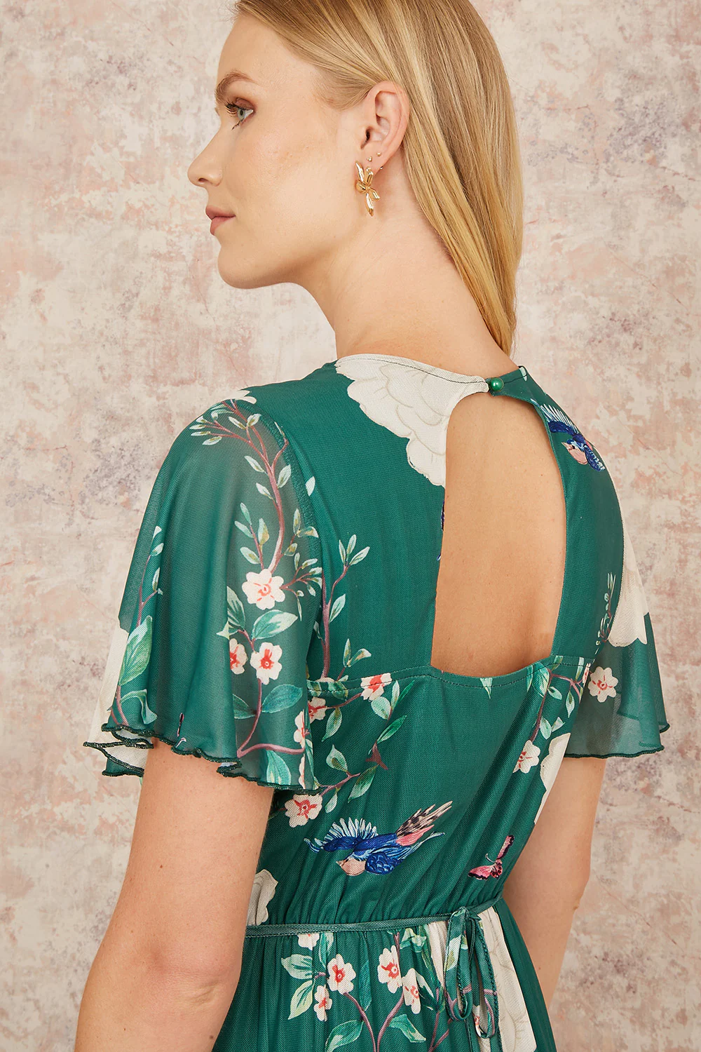 Yumi Green Mesh Bird And Floral Print Midi Dress With Ruffles - Image 5