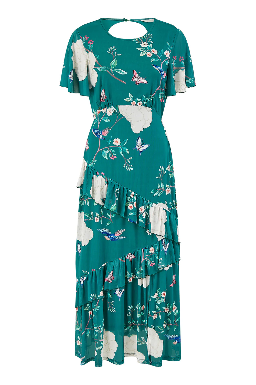 Yumi Green Mesh Bird And Floral Print Midi Dress With Ruffles - Image 6