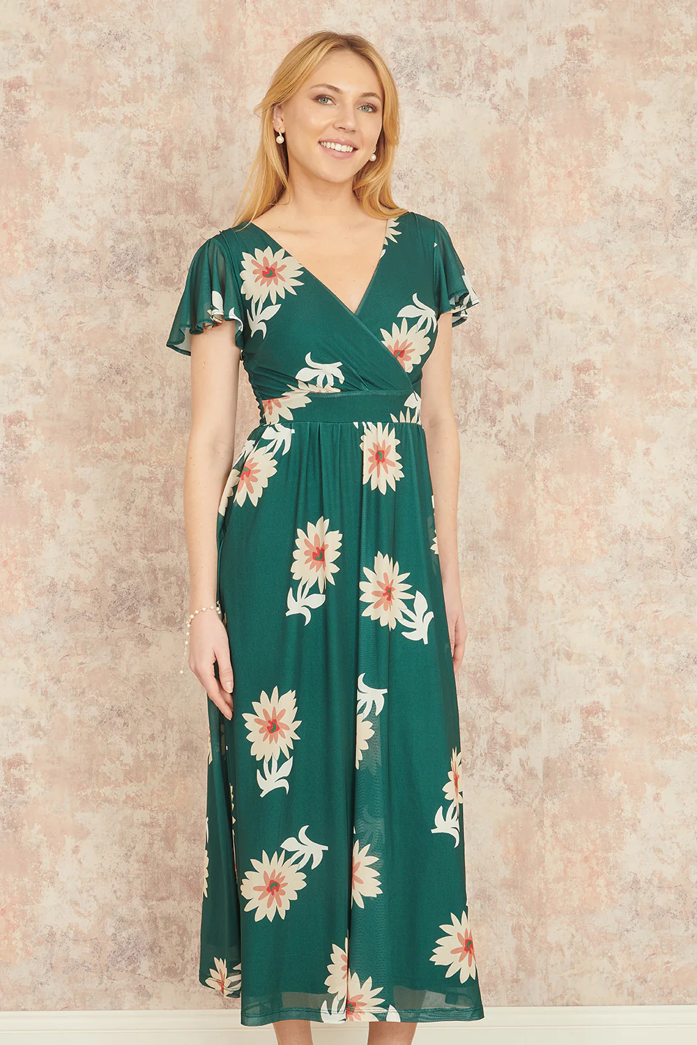 Yumi Green Mesh Flower Wrap Midi Dress With Pockets - Image 5