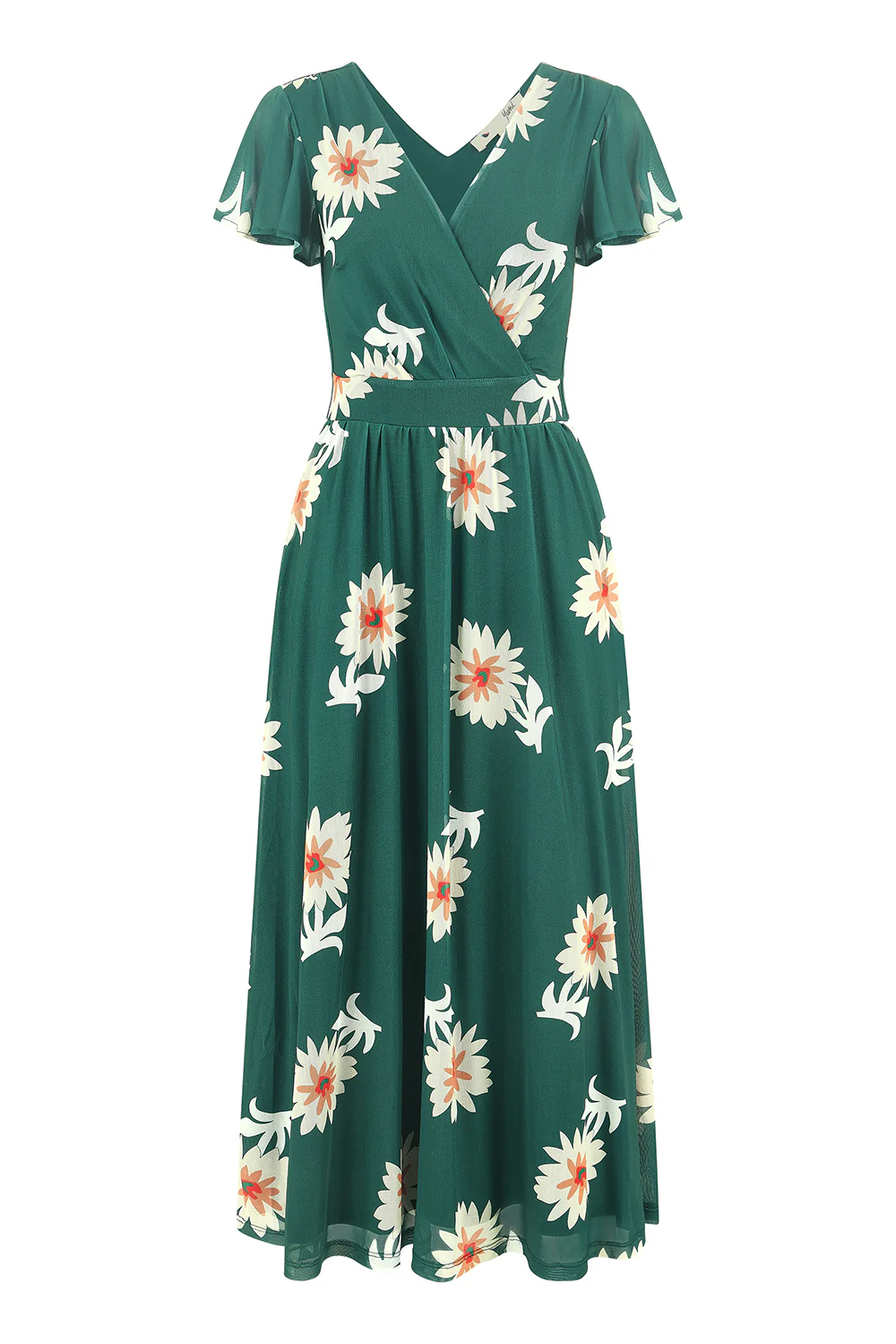 Yumi Green Mesh Flower Wrap Midi Dress With Pockets - Image 6