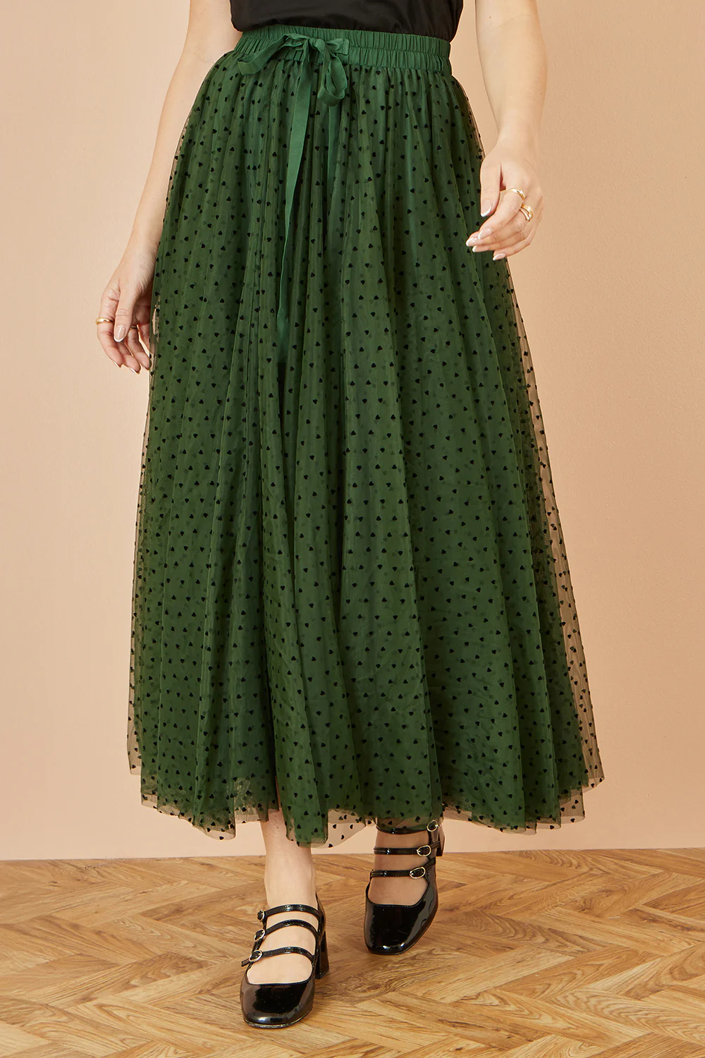 Yumi Green Mesh Heart Print Tulle Skirt - Image 3