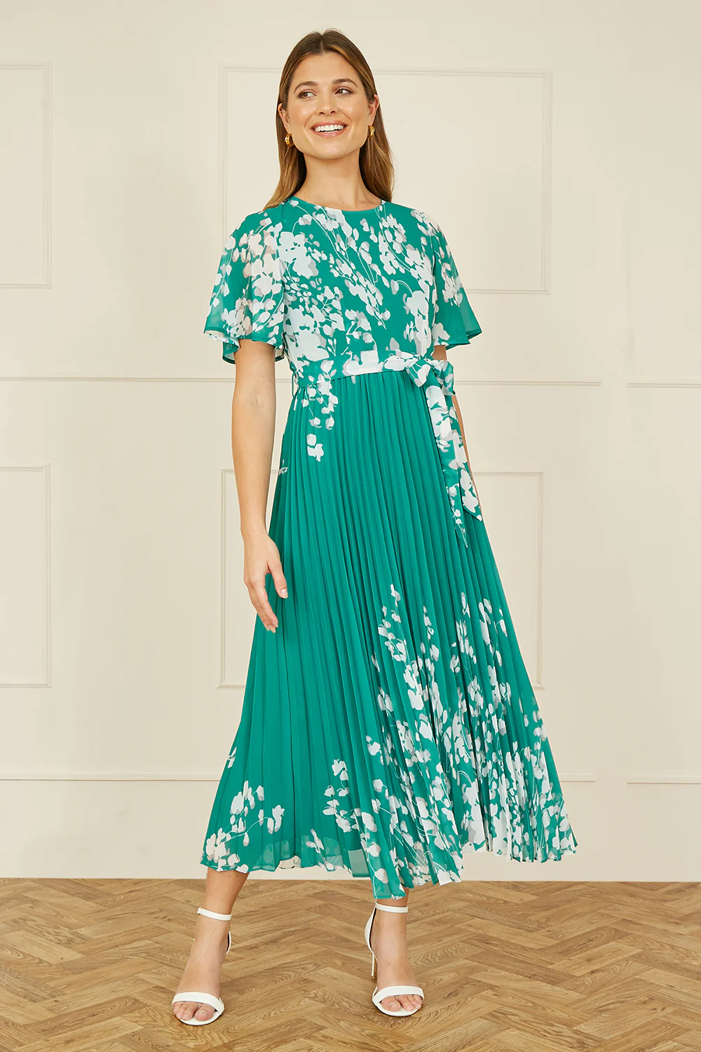 Yumi Green Mirror Floral Design Pleated Midi Dress - Image 3