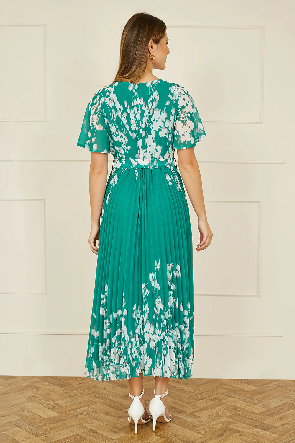 Yumi Green Mirror Floral Design Pleated Midi Dress - Image 4