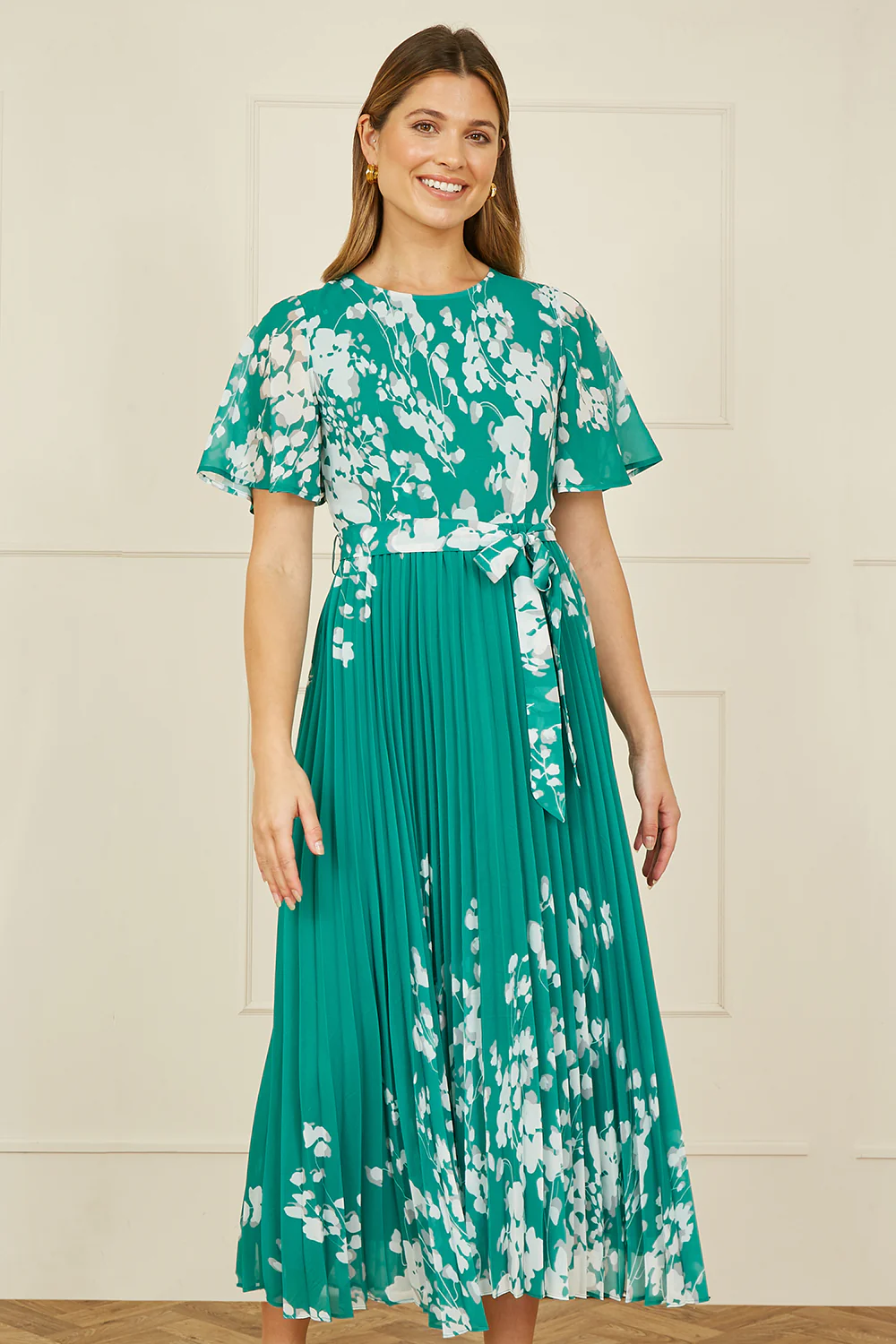 Yumi Green Mirror Floral Design Pleated Midi Dress - Image 5