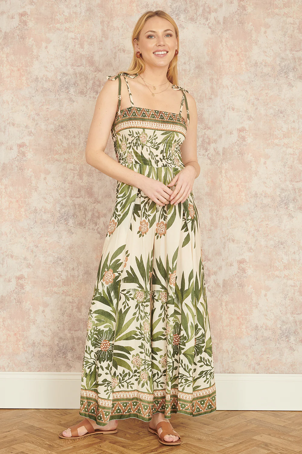 Yumi Green Palm Print Strappy Viscose Jumpsuit - Image 3